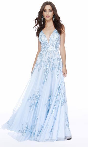 Shail K - 12220 Plunging V-Neck Sequin Embellished A-Line Gown In Blue