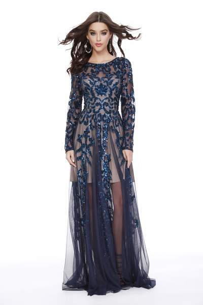 Shail K - 12222 Sequined Illusion Long Sleeve A-Line Gown In Blue