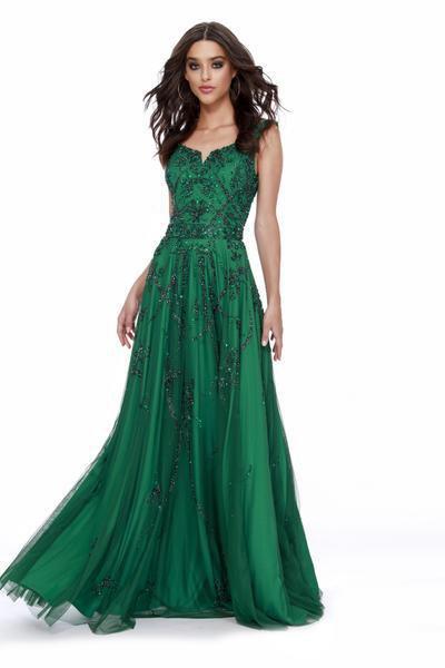 Shail K - 12226 Bead Embellished Pleated A-Line Evening Gown In Green