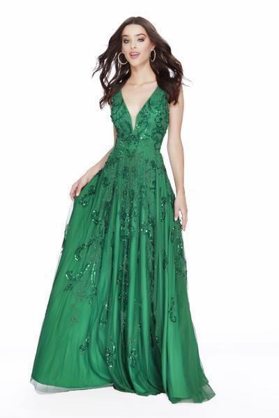 Shail K - Sequin Embellished Plunging Back Long Gown 12227 In Green