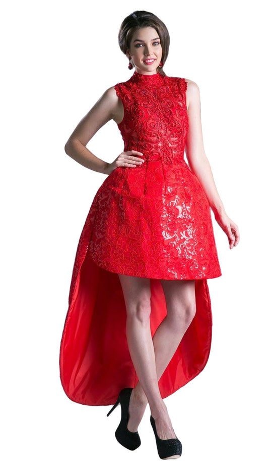 Cinderella Divine - 12228 Beaded High Neck High Low Dress In Red