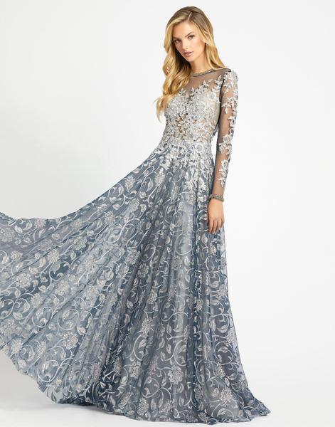 Mac Duggal Evening - 12233D Long Sleeve Floral Embroidered Gown In Silver