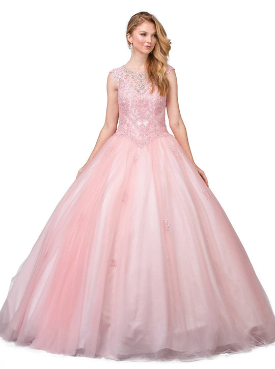 Dancing Queen - 1223 Cap Sleeve Beaded Applique Ballgown In Pink