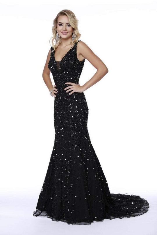 Shail K - 12243 Sparkly Sequin V Neck Mermaid Prom Gown In Black