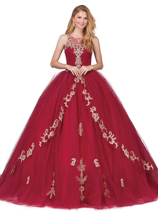 Dancing Queen - 1225 Beaded Lace Illusion Halter Quinceanera Ballgown In Red