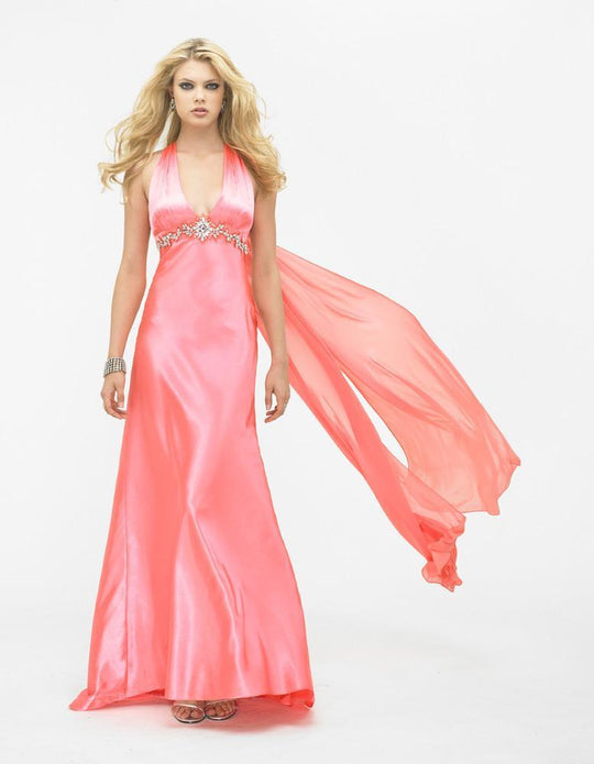 La Femme - 12262 Halter Style with Racer Back Embellished Evening Gown In Orange