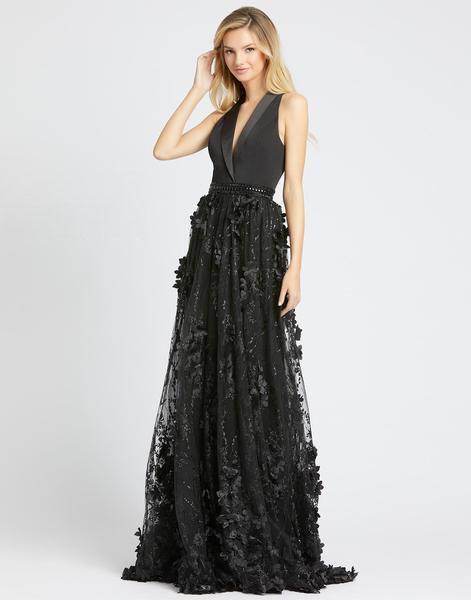 Mac Duggal Evening - 12264D Floral Applique A-Line Evening Dress In Black