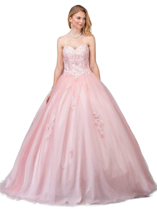 Dancing Queen - 1229 Strapless Beaded Lace Sweetheart Quinceanera Ballgown In Pink