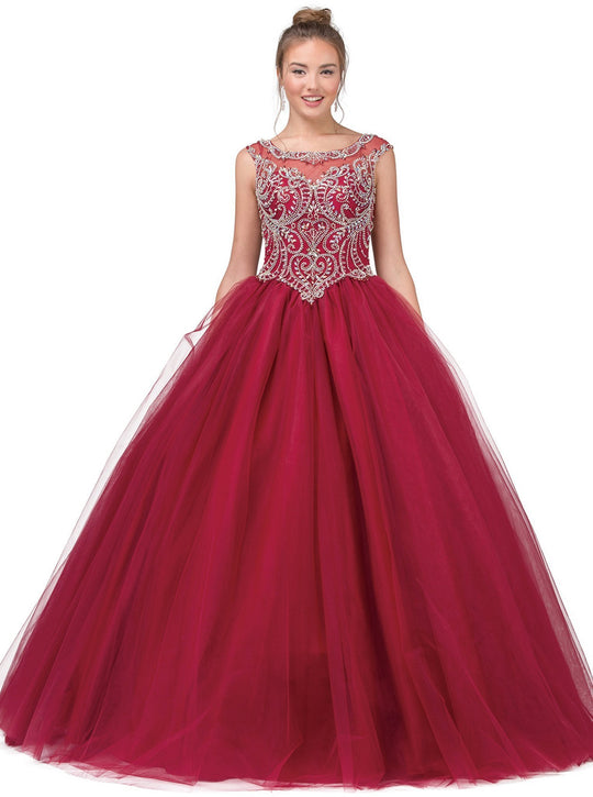 Dancing Queen - 1230 Embellished Cap Sleeve Illusion Bateau Quinceanera Ballgown in Red