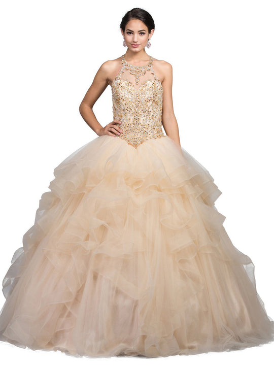 Dancing Queen - 1231 Embellished Halter Quinceanera Ballgown In Nude