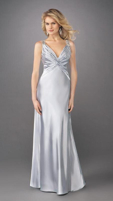 La Femme - Ruched V-neck Long A-line Dress 12396 in Silver