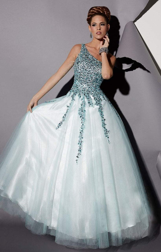 Studio 17 - 12454 Asymmetrical Sheer Beaded Evening Gown In White