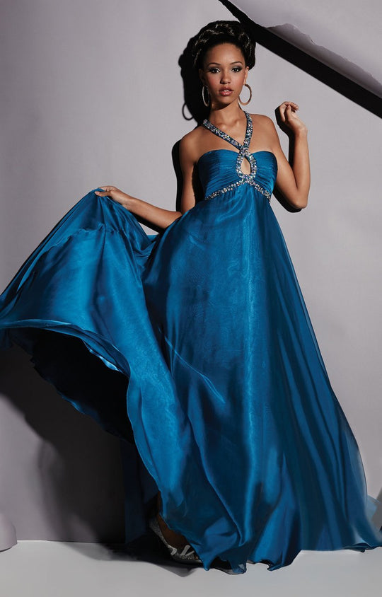 Studio 17 - 12455 Halter Beaded Keyhole Evening Gown In Blue
