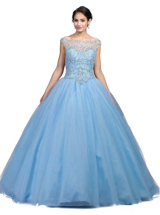 Dancing Queen - 1246 Embellished Off-Shoulder Quinceanera Ballgown In Blue