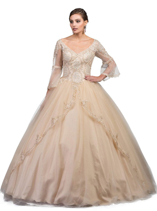 Dancing Queen - 1247 Sheer Trumpet Sleeve Wide V-neck Quinceanera Ballgown