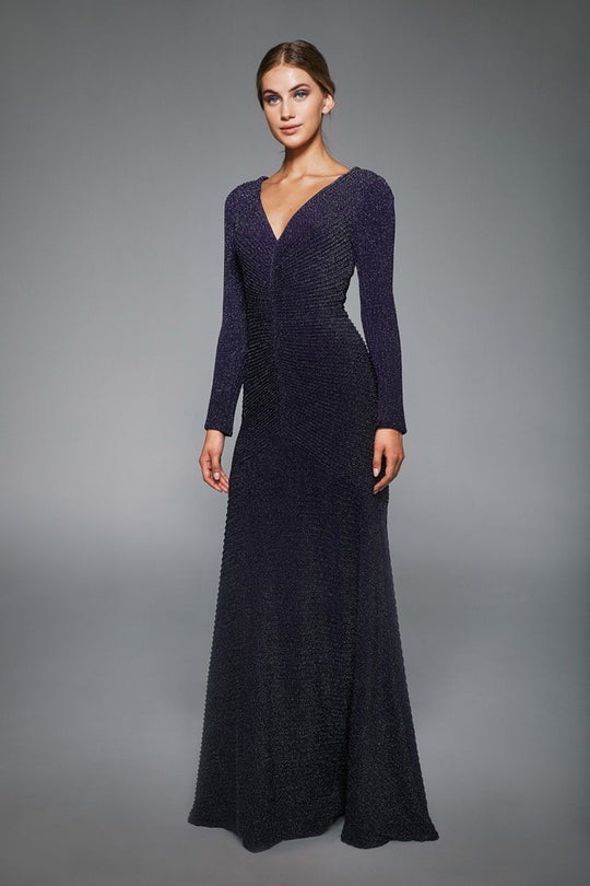 Tadashi Shoji - Long Sleeve V-Neck Long Dress In Blue and Black