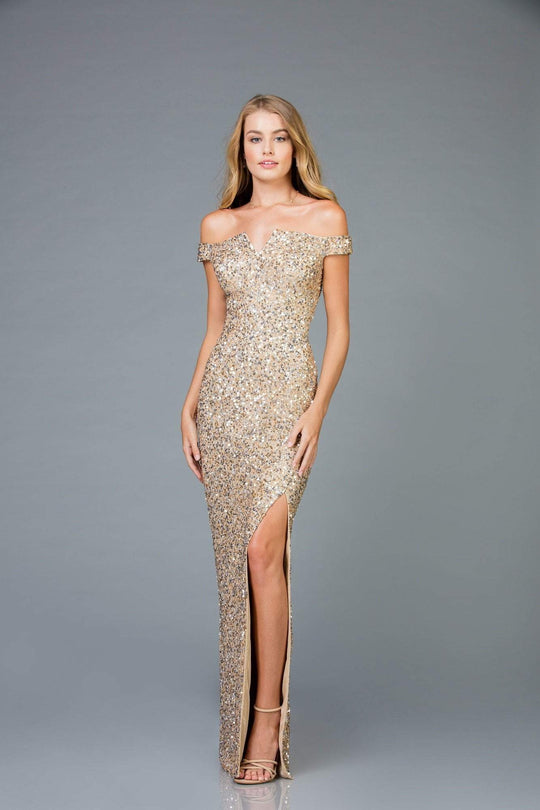 Scala - 48985 Sequined Off-Shoulder Fitted Dress In Neutral