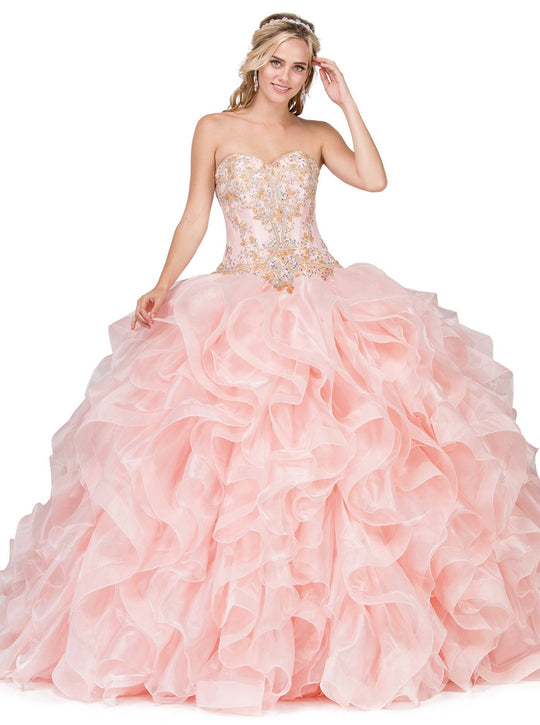 Dancing Queen - 1250 Strapless Embroidered Ruffled Quinceanera Gown in Pink