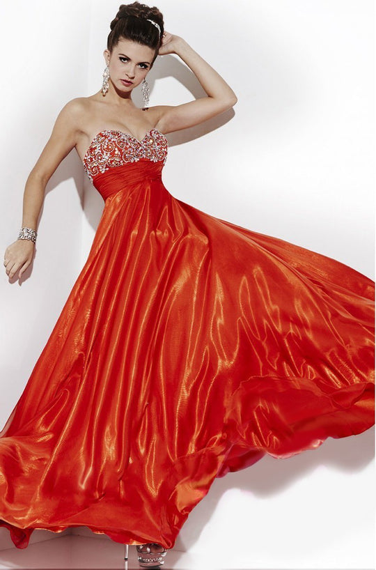 Studio 17 - Strapless Glittering Sweetheart Chiffon Long Gown In Orange