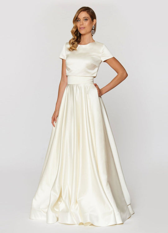 Ashley Lauren - 1252 Fitted Short Sleeves Pleated Ballgown in White