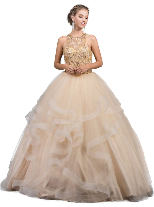 Dancing Queen - 1253 Bedazzled Halter Neck Quinceanera Ballgown In Nude