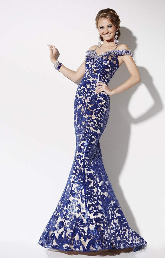 Studio 17 - 12540 Embroidered Lace Mermaid Dress In Blue and Neutral