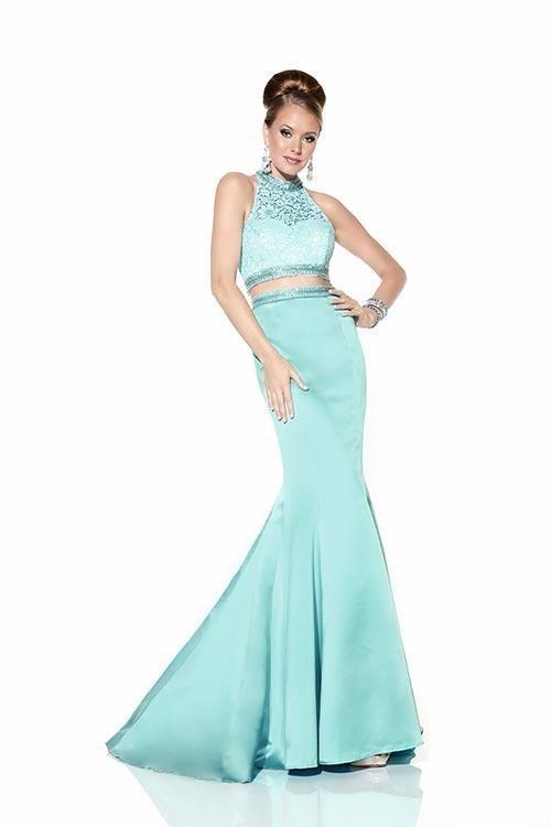 Studio 17 - Lace Halter Top  and Satin Trumpet Skirt Evening Gown 12595 In Pink
