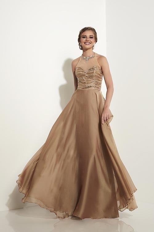 Studio 17 - Bejeweled High Halter Neck Two Tone Chiffon A-line Dress 12597 In Gold
