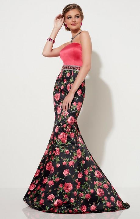 Studio 17 - Vibrant Floral Print Satin Trumpet Gown 12600 in Black and Print