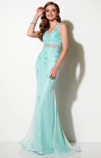 Studio 17 - Laced and Beaded V-Neck Trumpet Dress 12613 in Green