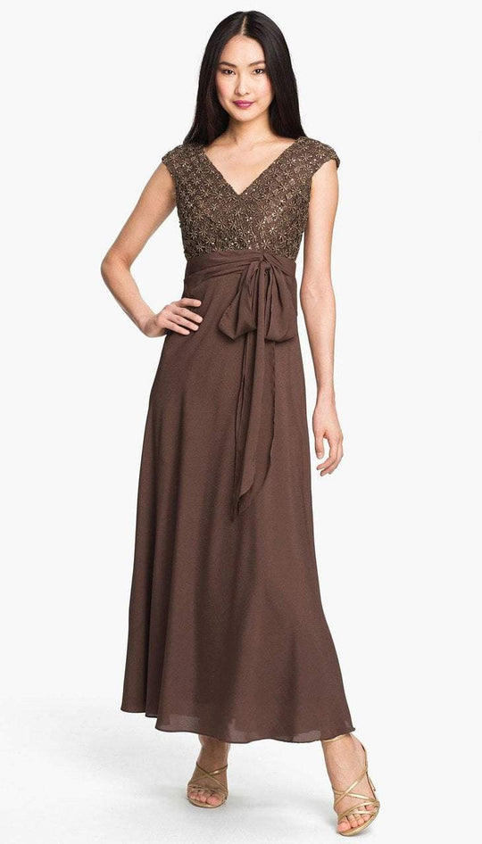 Patra - 12615 Cap Sleeve Gilded Starburst Lace A-Line Gown in Brown