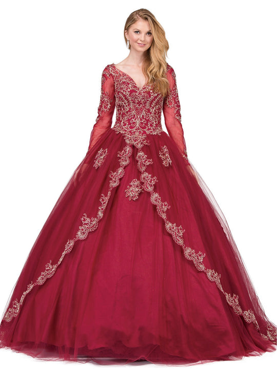 Dancing Queen - 1262 Embroidered Long Sleeve Quinceanera Ballgown In Red