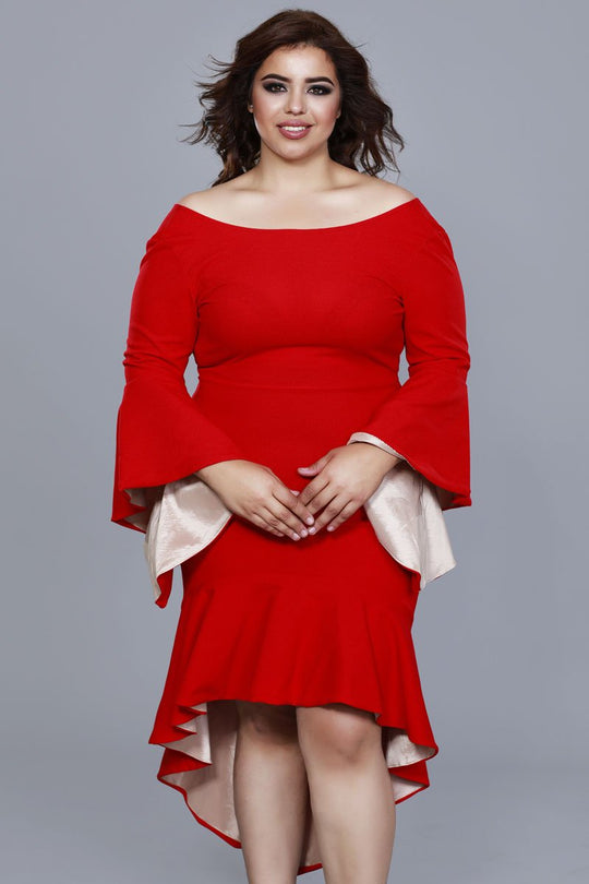 Shail K - 12622 Bell Sleeve Spandex High Low Trumpet Dress in Red