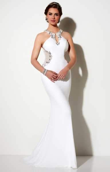 Studio 17 12624 Bejeweled Halter Neckline with Sheer Cutouts Trumpet Dress in White