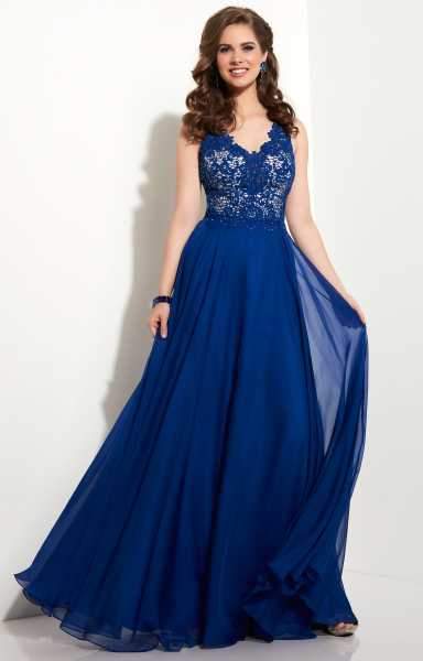 Studio 17 - Elegant Laced V-Neck Chiffon A-Line Dress 12626 In Blue