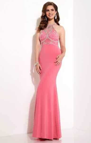 Studio 17 - Glamorous Beaded and Jeweled Halter Neck Jersey Trumpet Gown 12627 in Pink and Silver