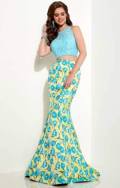 Studio 17 - Appealing Embellished Jewel Neck Tulip Brocade Trumpet Gown 12628 in Yellow and Blue