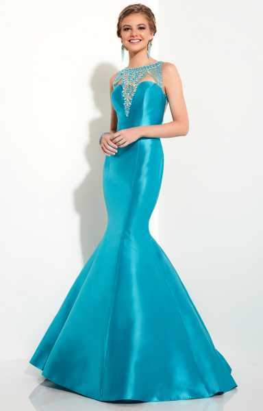 Studio 17 - Graceful Beaded Jewel Neck Mikado Trumpet Gown 12629 in Pink