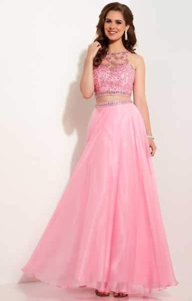 Studio 17 - Appealing Laced and Beaded Jewel Neck Chiffon A-Line Gown 12630 In Pink