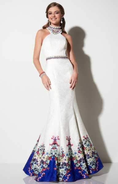 Studio 17 - High Haltered Neckline Floral Trumpet Dress In White