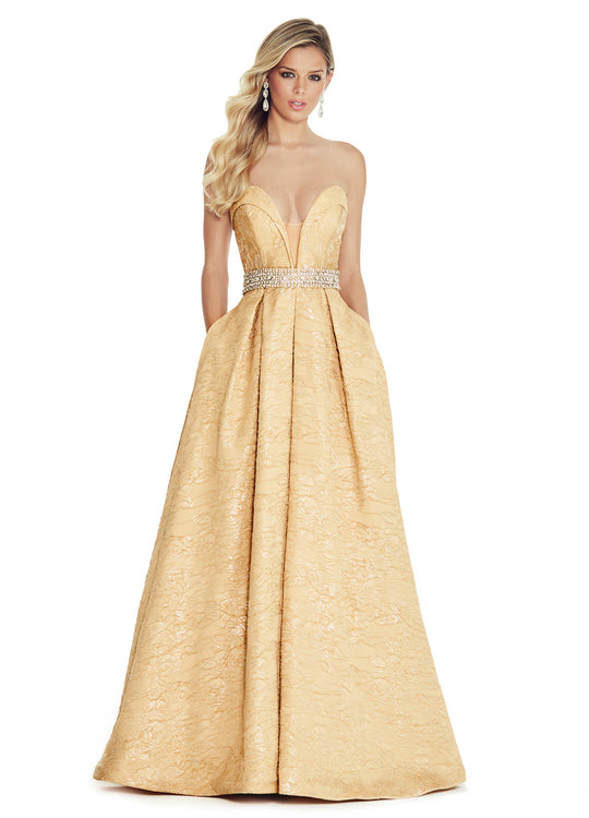 Ashley Lauren - 1269 Brocade Ball Gown with Beaded Belt in Neutral and Gold