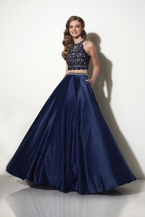 Studio 17 - Two-piece Bead and Lace Embellished Halter Neck Satin Ball Gown 12643 In Red