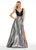 Ashley Lauren - 1264 Plunging Fitted Beaded Belt Evening Dress in Black and Gray