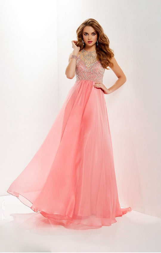 Studio 17 - 12655 Bejeweled Illusion Halter Chiffon Dress In Pink