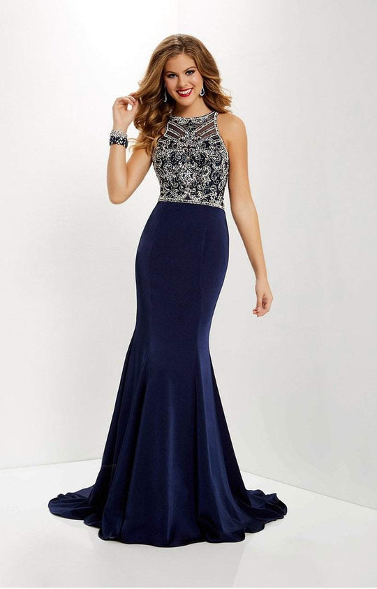 Studio 17 - 12656 Beaded Illusion Halter Satin Trumpet Dress In Blue