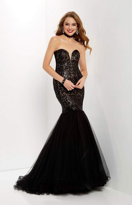 Studio 17 - 12662 Sequined Plunging Sweetheart Mermaid Dress In Black and Neutral
