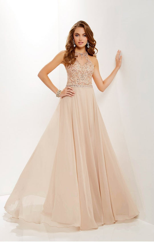 Studio 17 - 12664 Embellished Illusion Halter Chiffon Dress In Brown