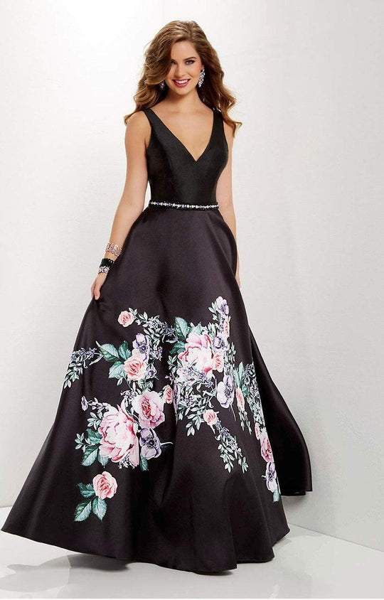 Studio 17 - 12666 V-neck Floral Printed Mikado A-line Gown In Black and Print