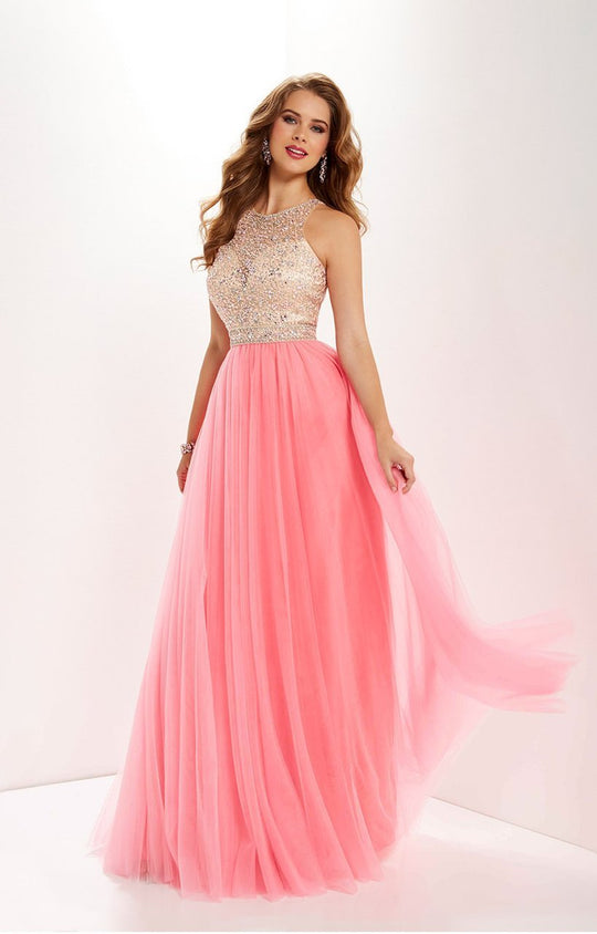 Studio 17 - 12667 Illusion Jewel Crystal Festooned Tulle Gown In Pink