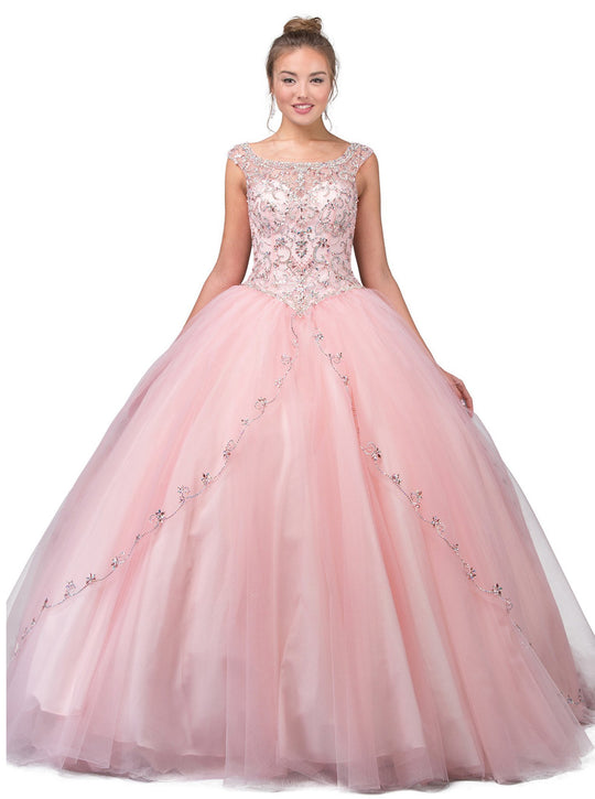 Dancing Queen - 1267 Cap Sleeves Embellished Quinceanera Ballgown In Pink